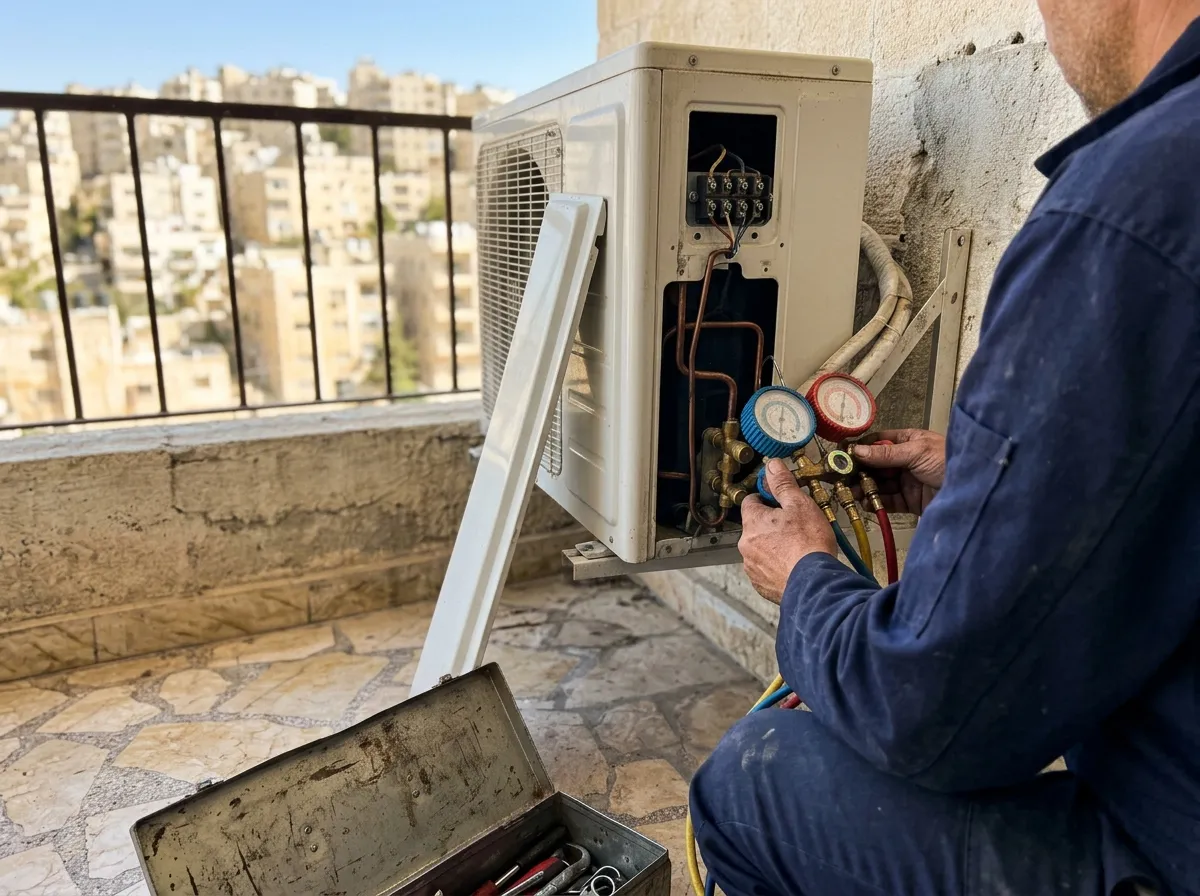 تصليح مكيف – فني تكييف بيقيس ضغط الوحدة الخارجية لمكيف سبليت